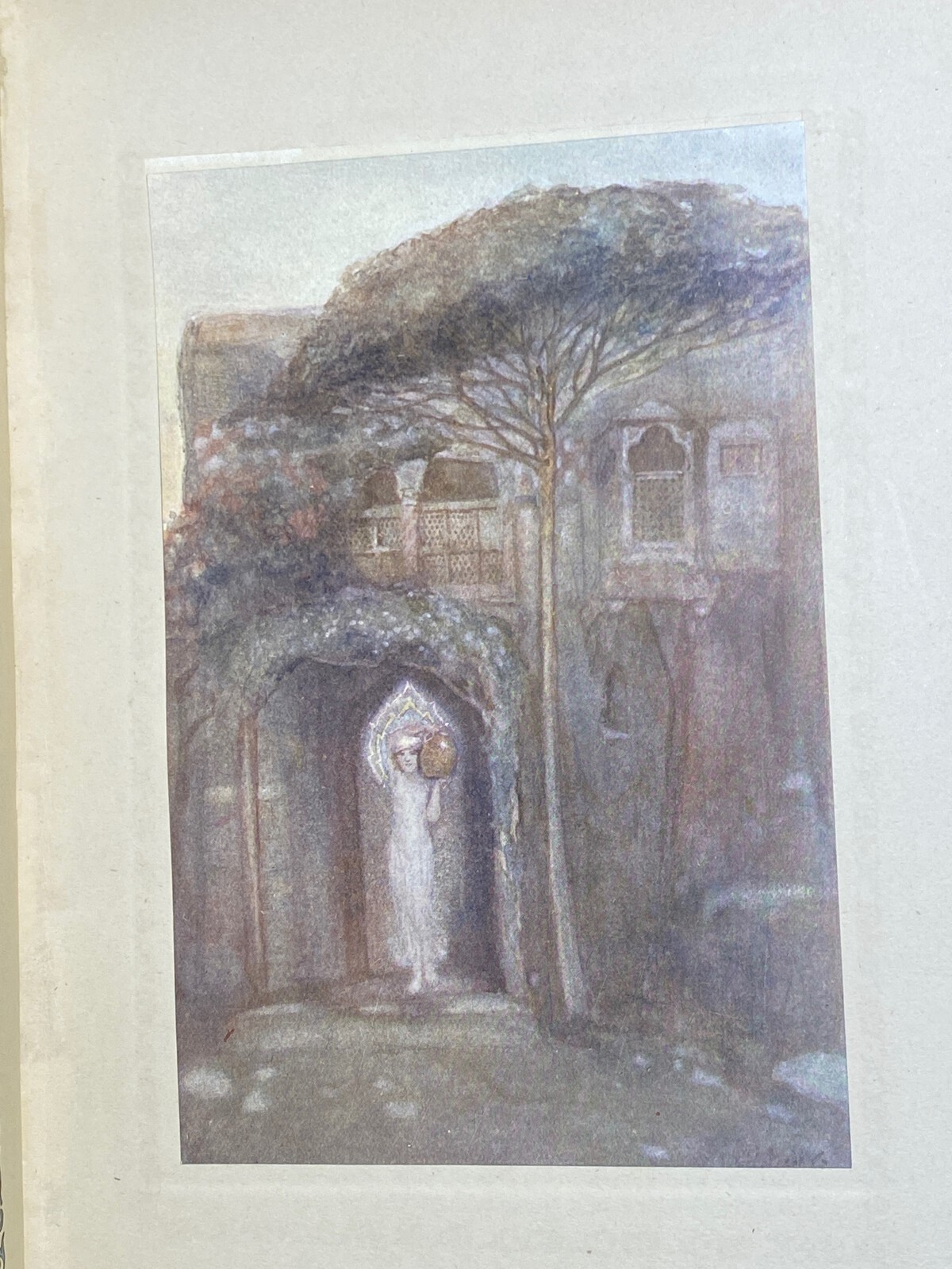 Person, carrying jug, walking through arch beside tree