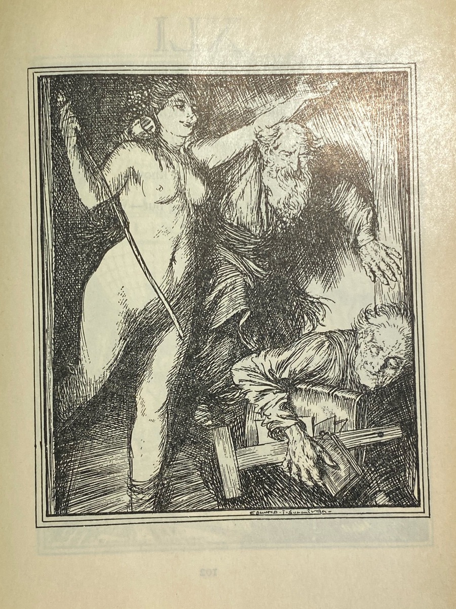 Naked woman gesturing and man with books